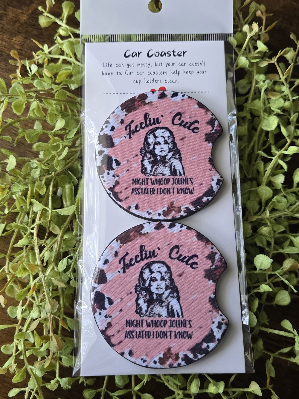 Dolly Pardon Feelin' Cute Pink & Cow Print Car Coasters